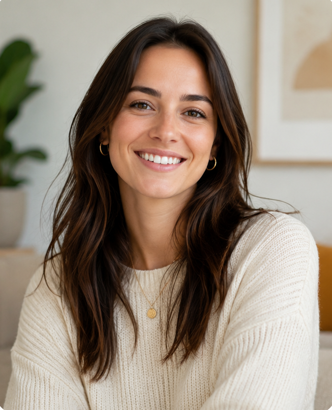 Split image showing a smiling woman in a cream sweater on the left and a smiling man in a dark blue shirt on the right.