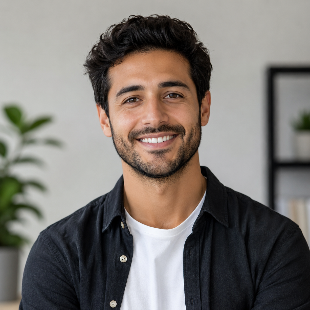 Guy with dark hair and a beard, black shirt over white tee, grinning inside. Plants and shelves blur out in the background.