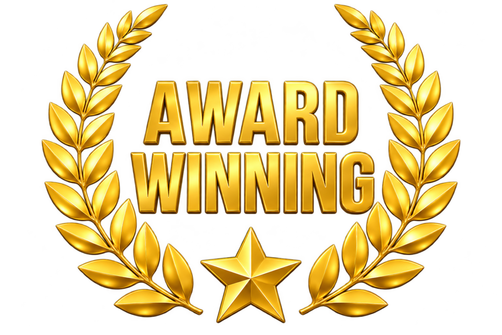 Shiny gold laurel wreath kinda like a winner’s badge, got a gold star hangin’ at the bottom and big bold AWARD WINNING letters smack in the middle—all sittin’ on a plain white background.