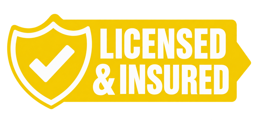 Bright yellow badge with a white check mark inside a shield on the left, and big bold white letters on the right that say LICENSED INSURED—just like you’d want to see riding shotgun in my rig.