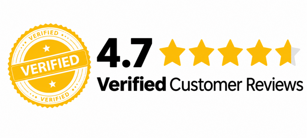 Got a yellow verified badge sittin’ on the left, right by a 4.7 and five shiny yellow stars, with “Verified Customer Reviews” in big bold black letters across a white background—looks solid as a rig after tune-up.