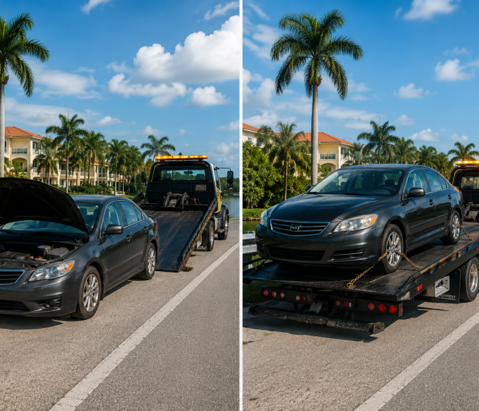 Pulled over to the side, there’s a black sedan with its hood popped and a warning triangle set up out front—looks like trouble. Next shot, I’ve got that same car loaded up on my tow truck and ready to roll. You can see palm trees and some buildings behind us.