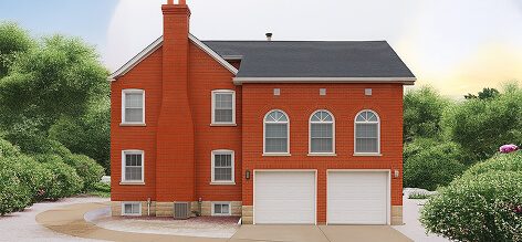 Got a two-story red brick house with a black roof, double arched windows above white garages, chimney in the middle, trees and driveway out front.