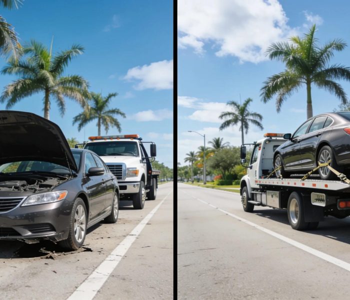 Pulled over on the side of the road, there’s a black Honda sedan with its hood popped open and my rig parked right behind it. Next shot, I’ve got that Honda up on the bed, all strapped down and ready to roll. Palm trees are lining the street under a clear blue sky.