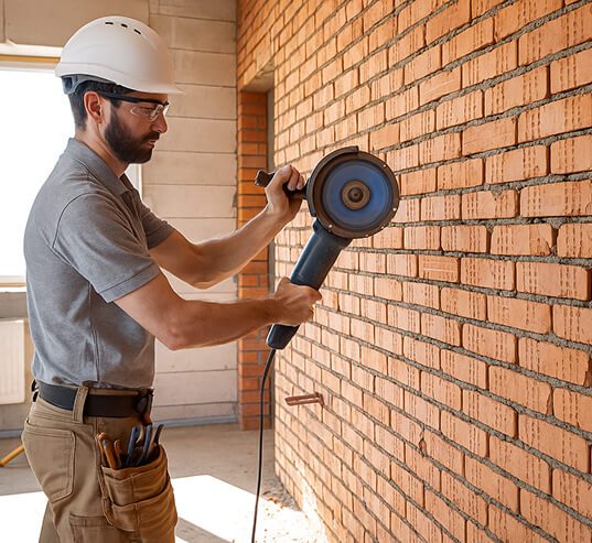 Guy’s got on his hard hat, safety specs, gloves, and a tool belt while grinding away at a brick wall in his gray polo shirt.